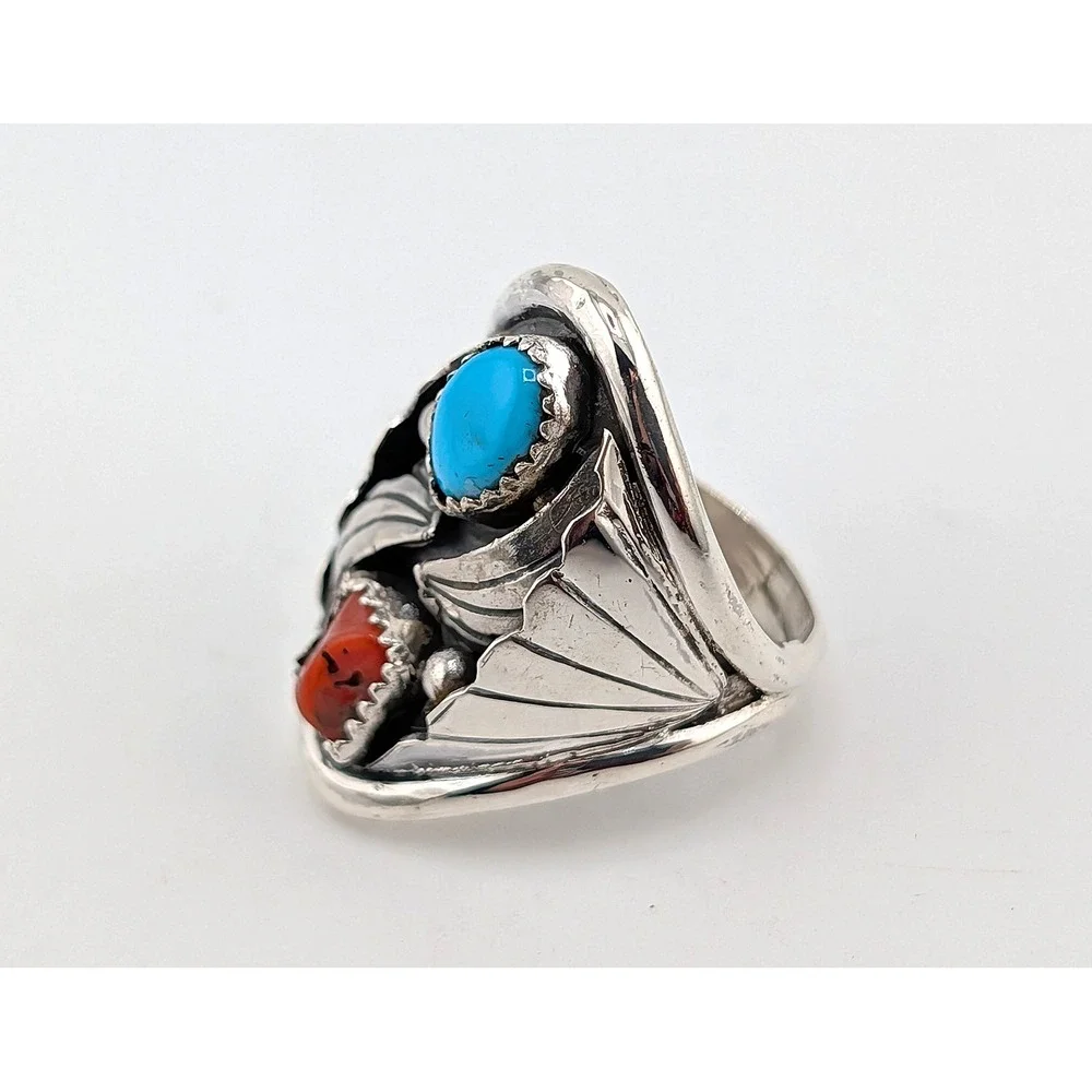 Navajo Men's Ring Sterling Turquoise Coral by J. Begay 9.75 Southwest Artisan***